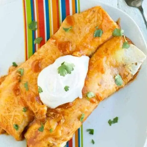 These easy chicken enchiladas are stuffed with slow roasted chicken and refried beans and topped with spicy enchilada sauce and melted cheese.