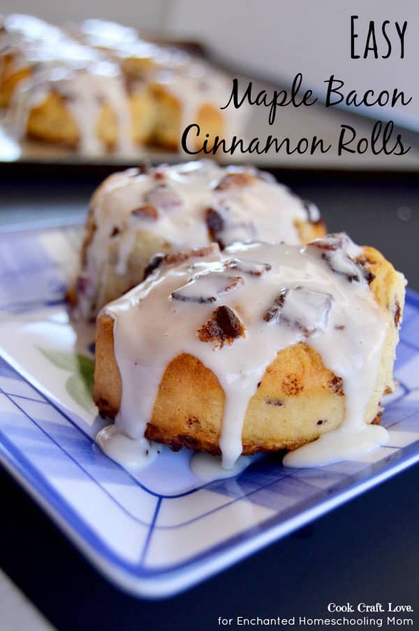 Maple Bacon Cinnamon rolls are the best part about breakfast!  Maple really enhances the flavor of the bacon and cinnamon brings it home.  PLUS it's a super simple semi homemade recipe!