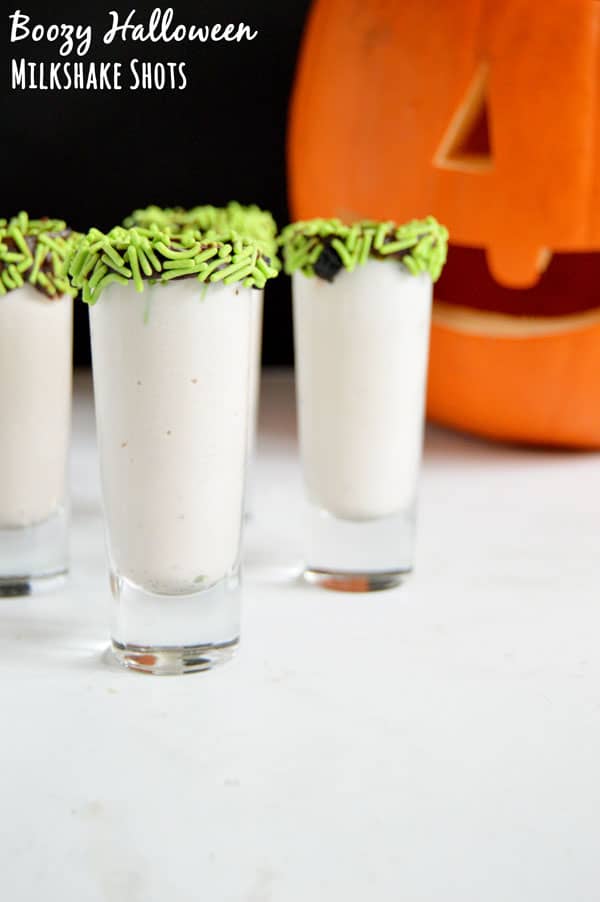 Stay warm and festive with these boozy Halloween milkshake shots! A great treat for a grown up Halloween party or take out the booze for a kid friendly Halloween party.
