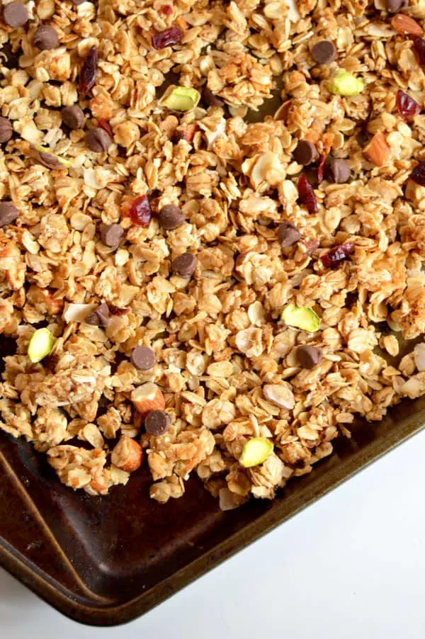 Pistachios, dark chocolate, and dried cranberries make this granola the breakfast that keeps on giving! Healthy AND delicious!