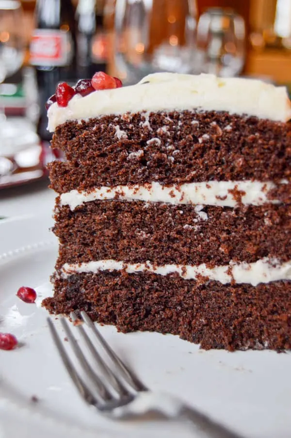 Chocolate cake with mascarpone frosting and pomegranates is a sweet finish to any holiday dinner and perfect for any decadent dessert!