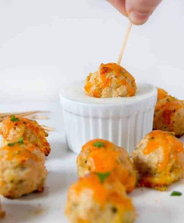 These cheesy cheddar chicken bites are the perfect appetizer for your Super Bowl party, March Madness, or any party in between!