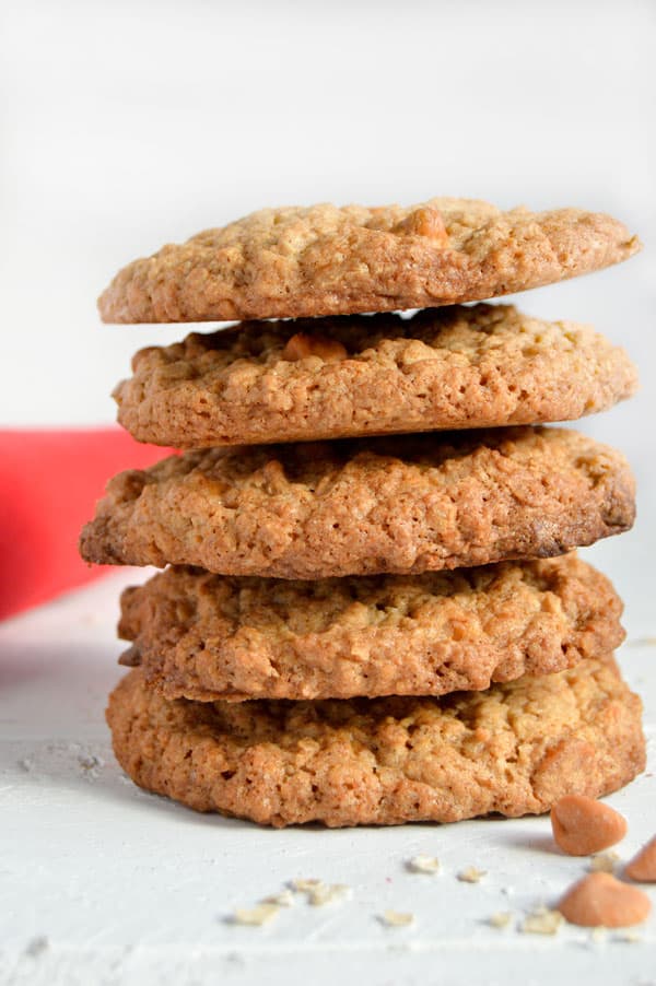 Crispy crunchy oatmeal cookies are peppered with butterscotch chips and the size of your hand! You won't want to share these jumbo oatmeal cookies with anyone!