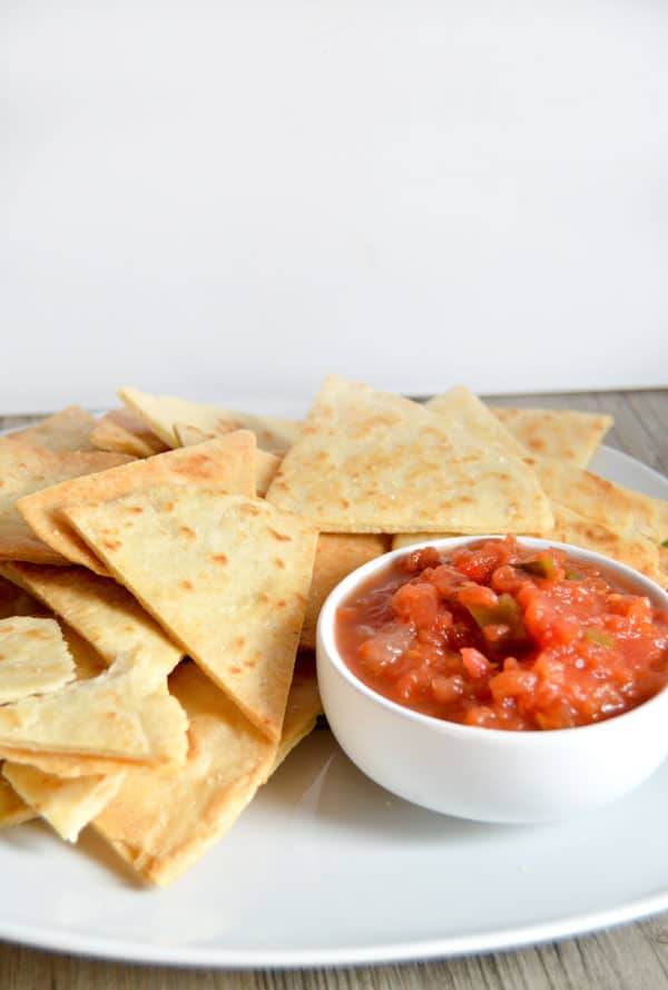 Tortilla chips are made completely from scratch with homemade tortillas and are best served warm with fresh salsa!