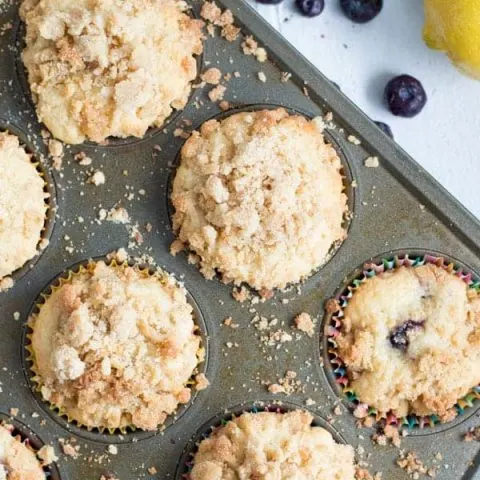 Tart lemon and sweet blueberries come together in these coffee cake muffins for a sweet muffin perfect for breakfast or brunch!