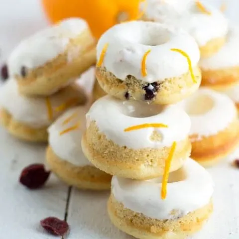 Cranberry and orange are one of my favorite winter flavor combinations and they really shine in these mini cranberry orange donuts!