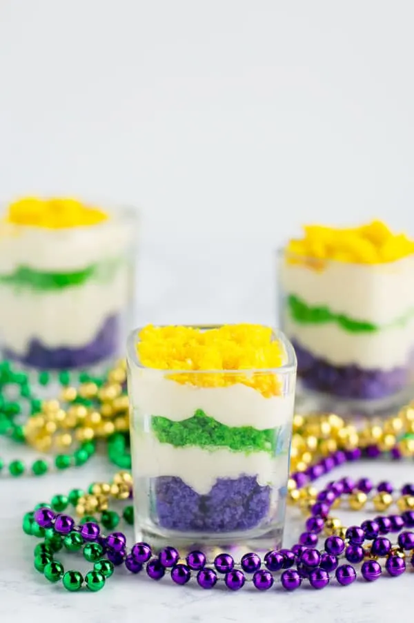 Mardi gras trifle is a fun layered dessert with the bright vibrant colors of Mardi Gras that's perfect for your next New Orleans bash!